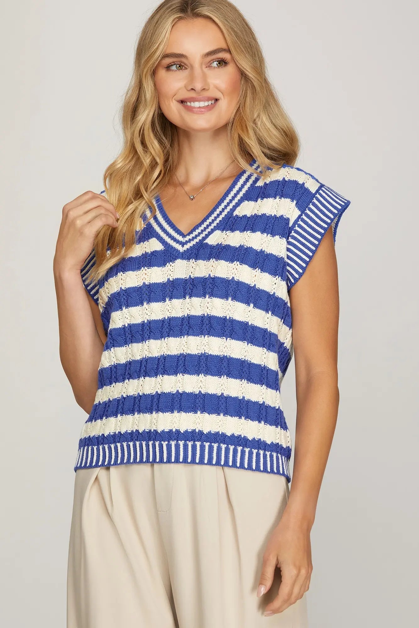 V-Neck Striped Sweater Vest | Cobalt Blue