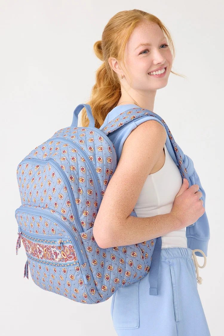 Vera Bradley Large Bancroft Backpack | Premium Cotton | Blue Leaf