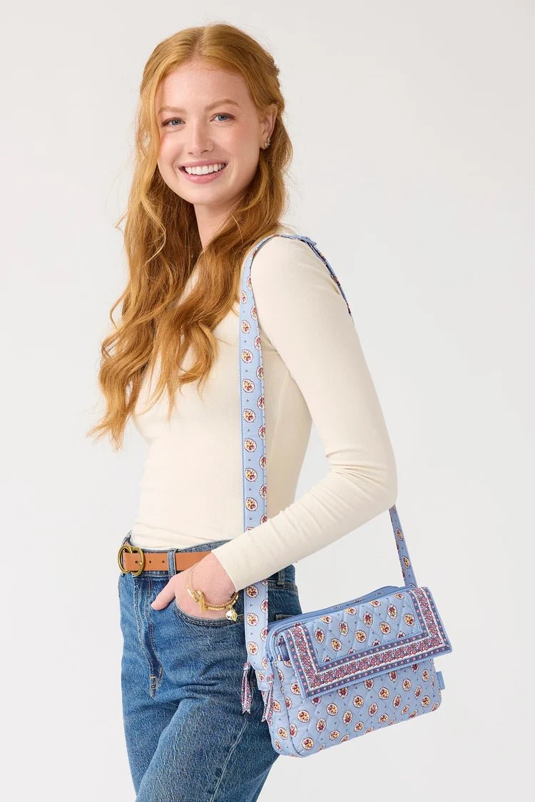 Vera Bradley Tasha Triple Compartment Crossbody | Premium Cotton | Blue Leaf