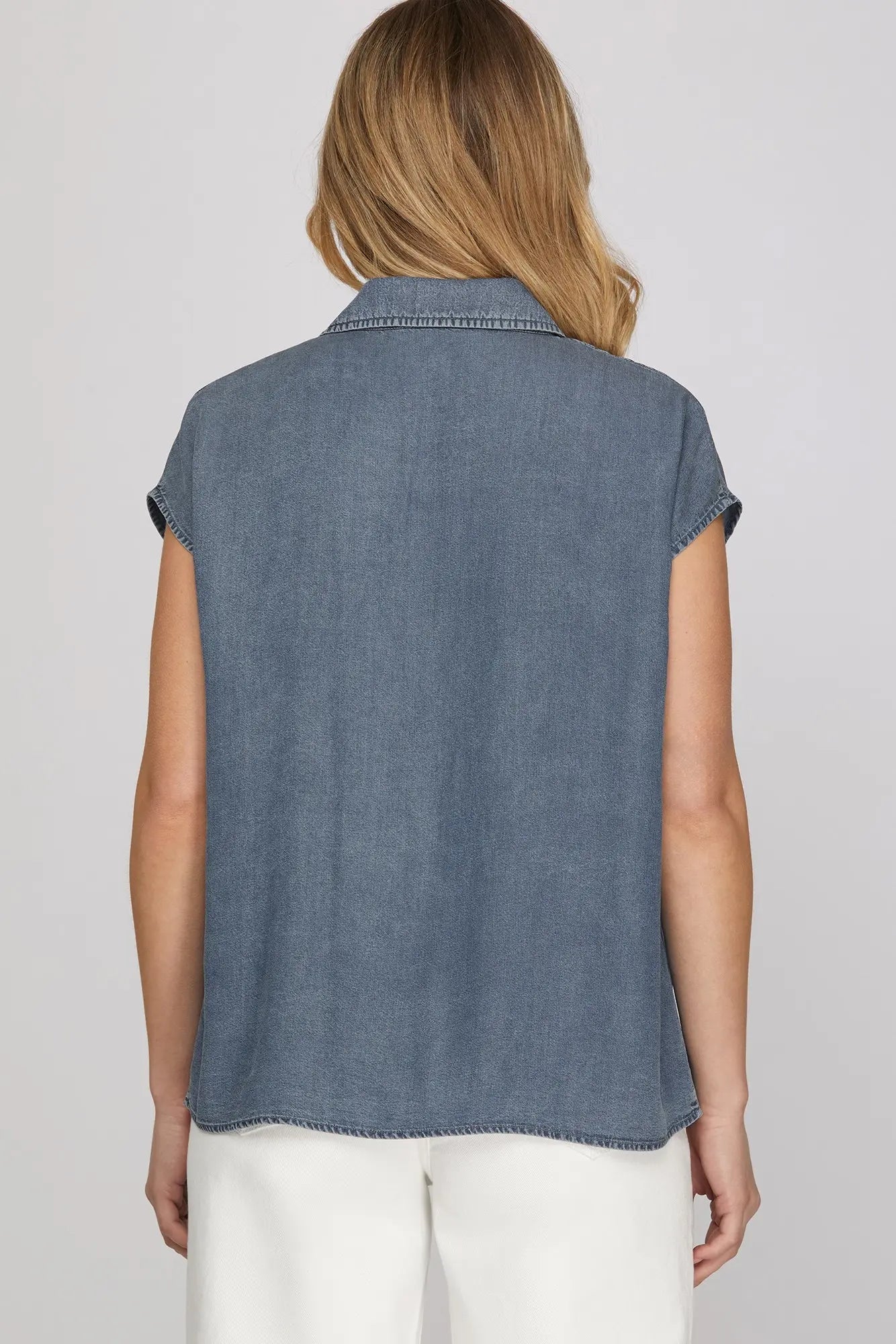 Washed Chambray Button Down Top |  Denim Blue