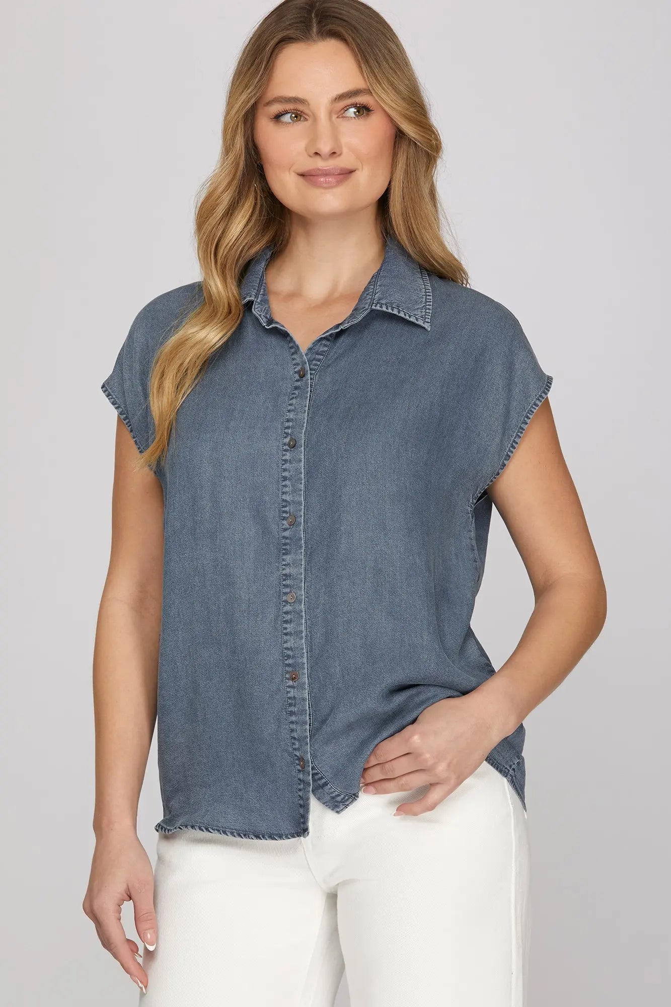 Washed Chambray Button Down Top |  Denim Blue