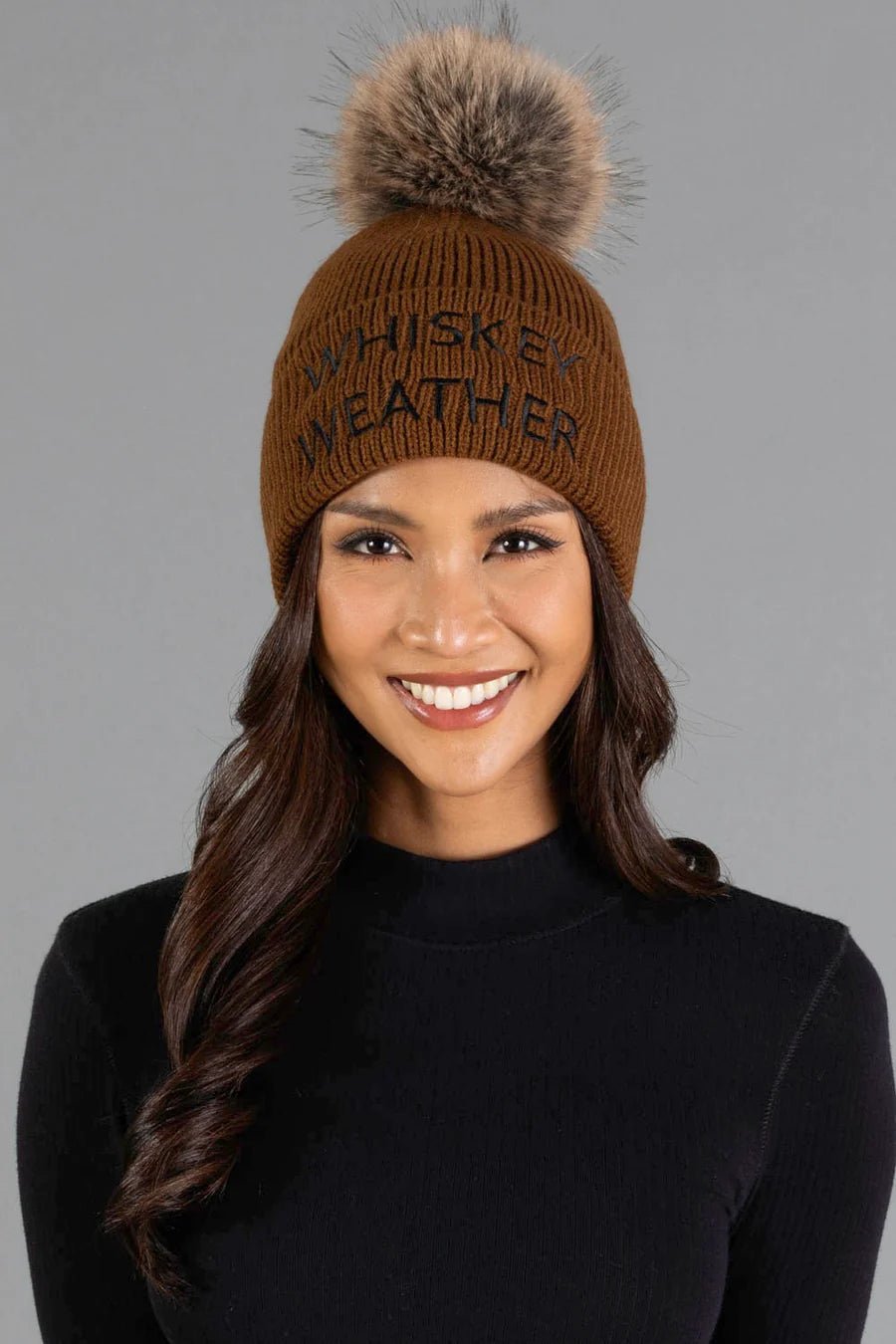 Whiskey Weather Knit Faux Fur Pom Hat | Brown - Juli's Wearable Art