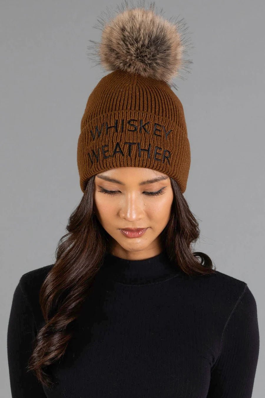 Whiskey Weather Knit Faux Fur Pom Hat | Brown - Juli's Wearable Art