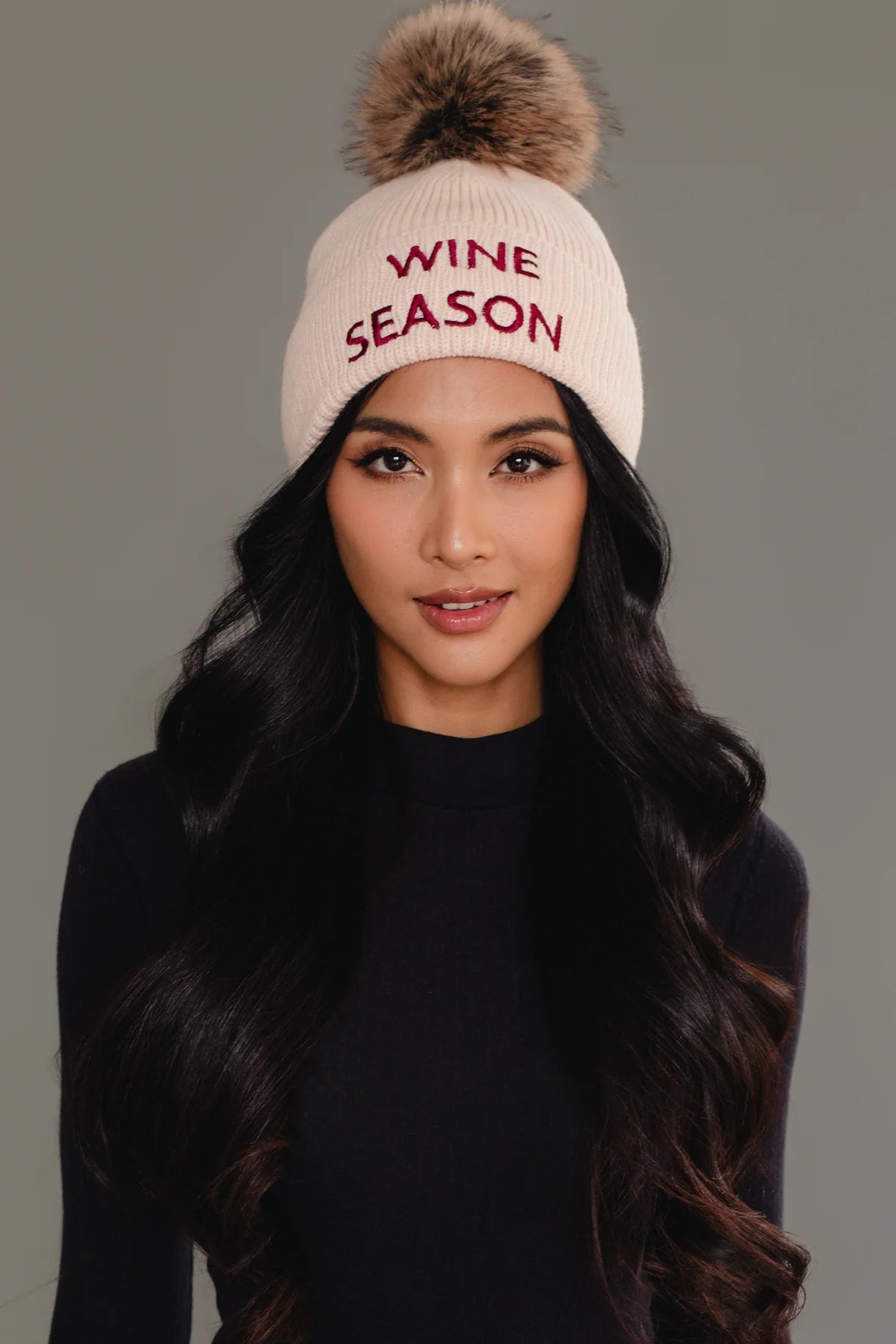 Wine Season Knit Faux Fur Pom Hat | Blush - Juli's Wearable Art