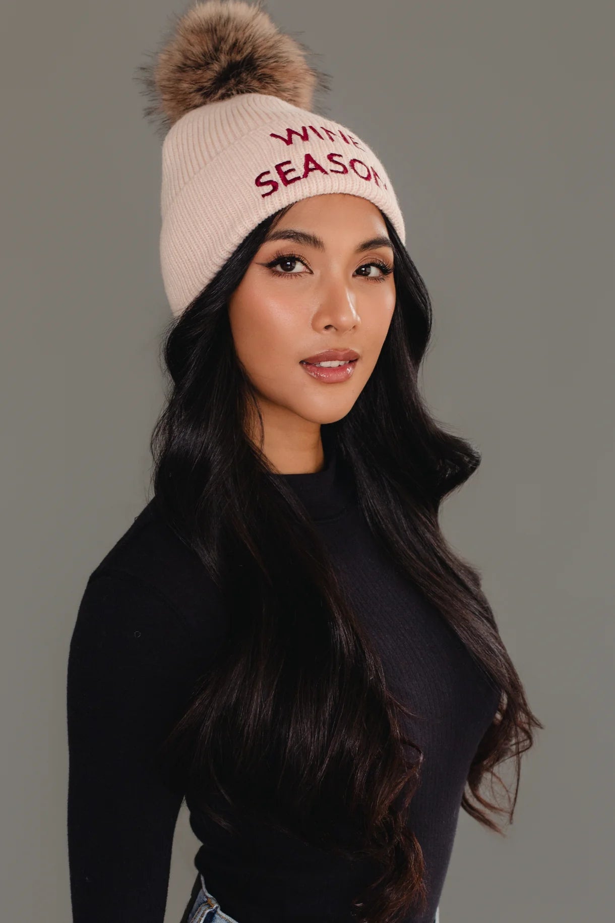 Wine Season Knit Faux Fur Pom Hat | Blush - Juli's Wearable Art