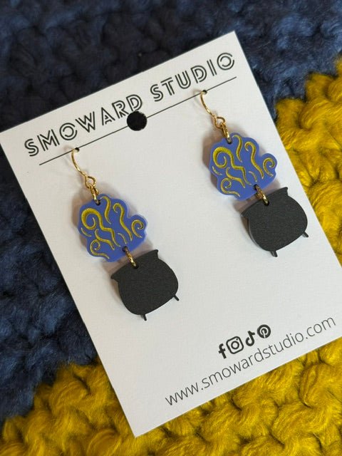 Witch’s Cauldron Drop Earrings | Black, Purple & Gold