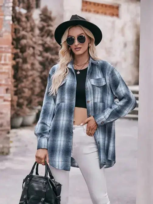 Women's Plaid Oversized Flannel Button Down Shirt | Blue - Juli's Wearable Art