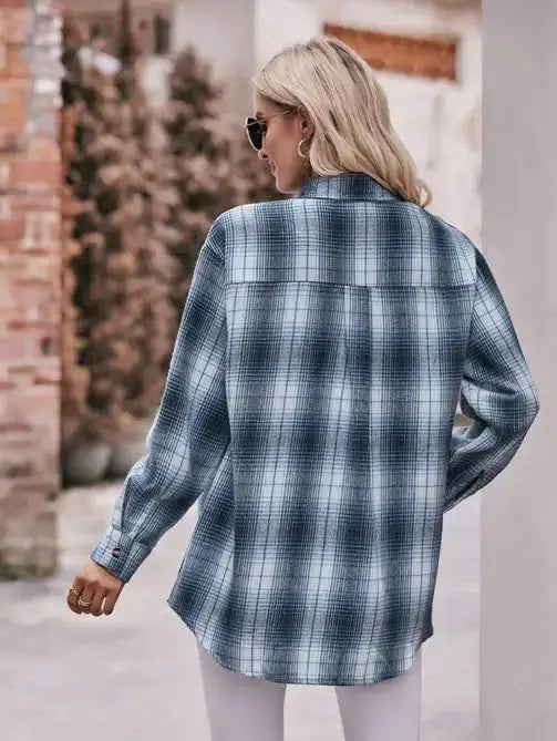 Women's Plaid Oversized Flannel Button Down Shirt | Blue - Juli's Wearable Art