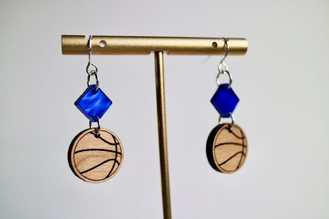 Wooden Basketball Earrings with Blue Topper - Juli's Wearable Art
