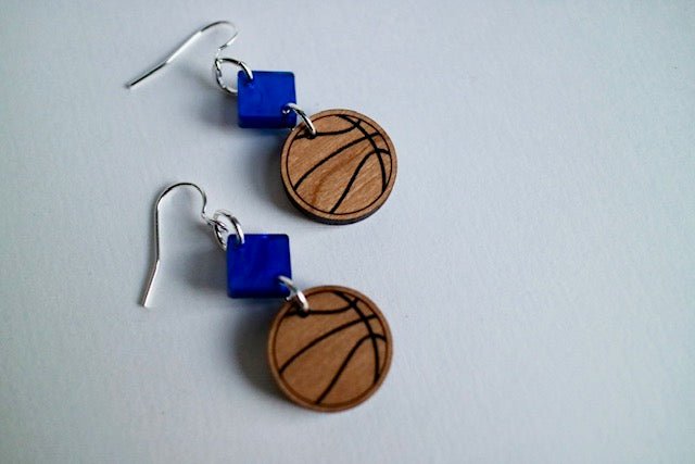 Wooden Basketball Earrings with Blue Topper - Juli's Wearable Art