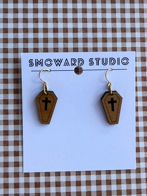 Wooden Coffin with Cross Earrings