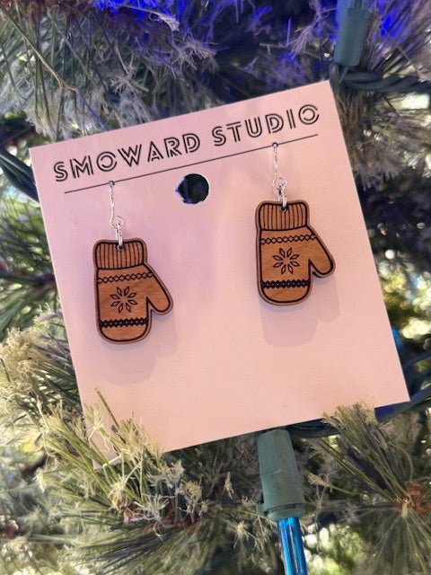 Wooden Mitten Earrings with Snowflakes - Juli's Wearable Art
