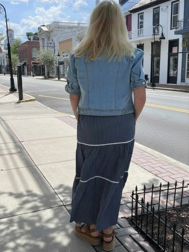 Woven Striped Tiered Long Skirt | Navy - Juli's Wearable Art