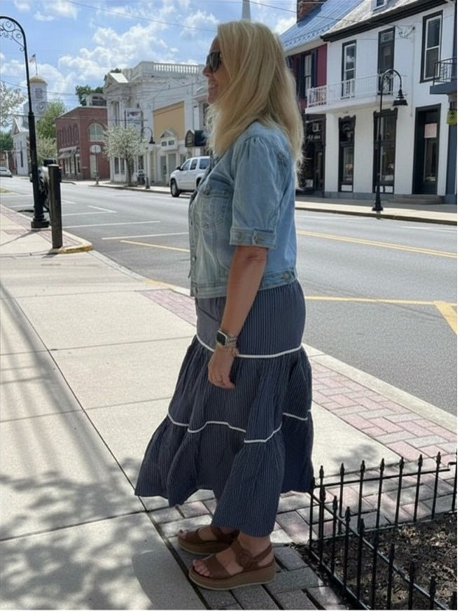 Woven Striped Tiered Long Skirt | Navy