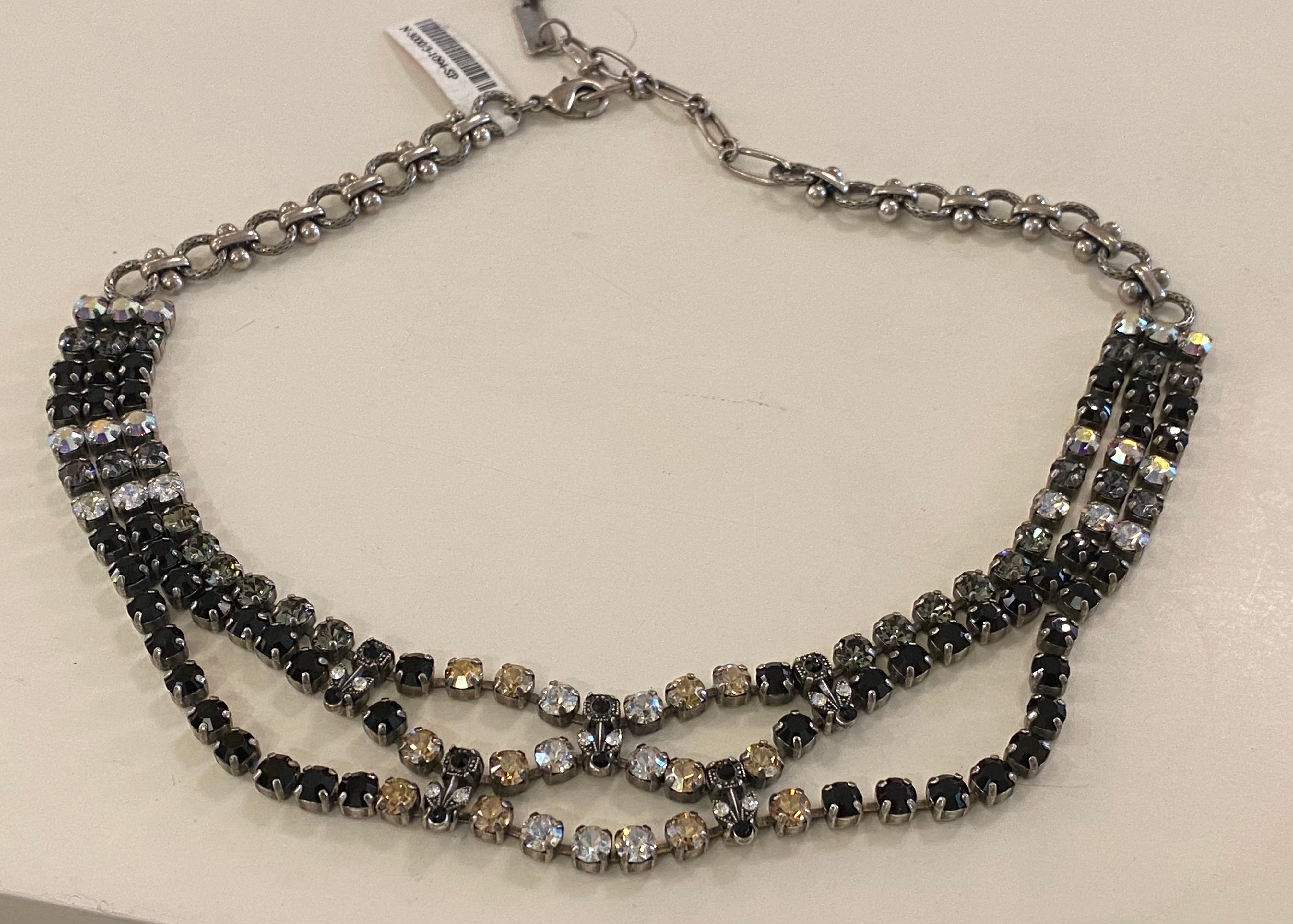 Mariana Antiqued Silver Extra Fancy Three Strand Crystal Necklace in Elegant Black and Gray