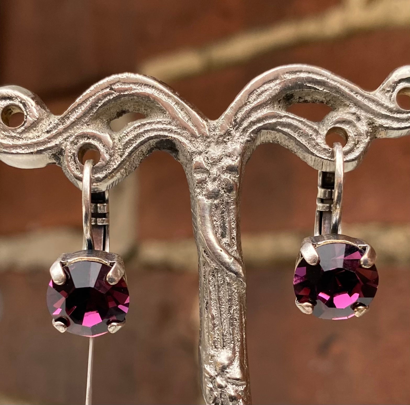 Mariana Antiqued Silver Single Stone Leverback Crystal Earrings in "Amethyst”