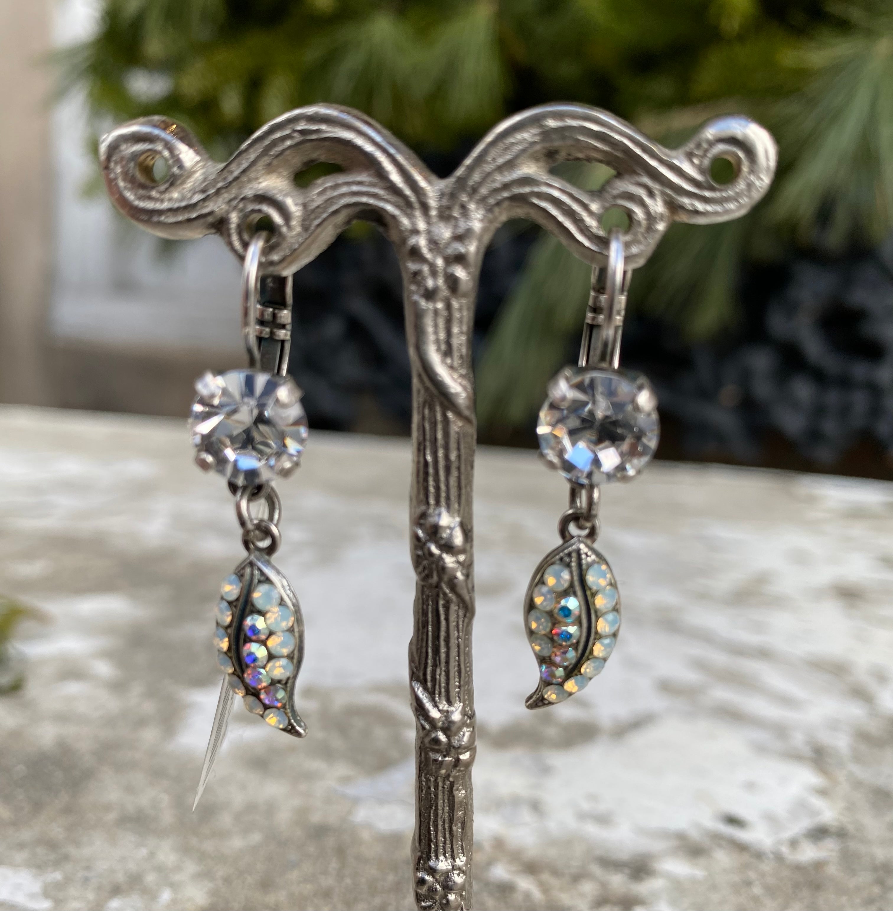 Mariana Antiqued Silver Plated Dangling Leaf Leverback Crystal Earrings in "On a Clear Day”