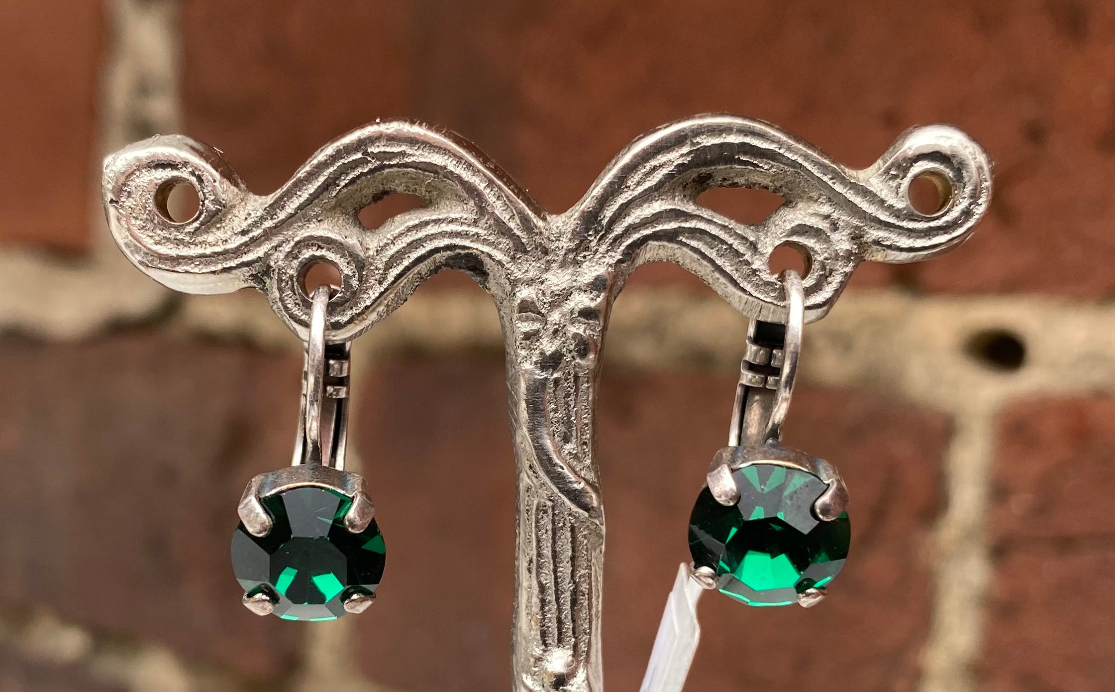 Mariana Antiqued Silver Single Stone Leverback Crystal Earrings in "Emerald”