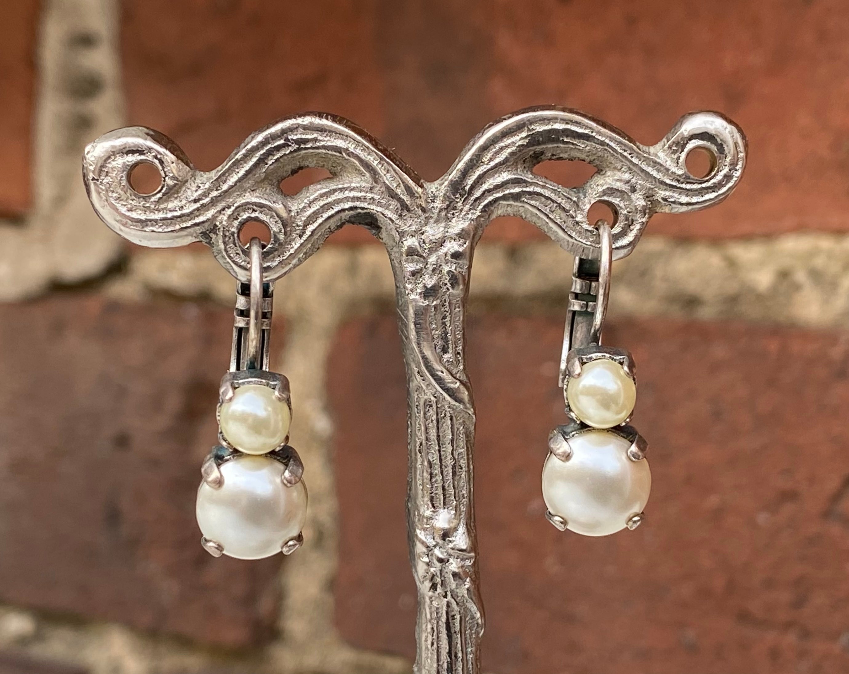 Mariana Antique Silver Must-Have Double Stone Crystal Leverback Earrings in “Cream Pearl”