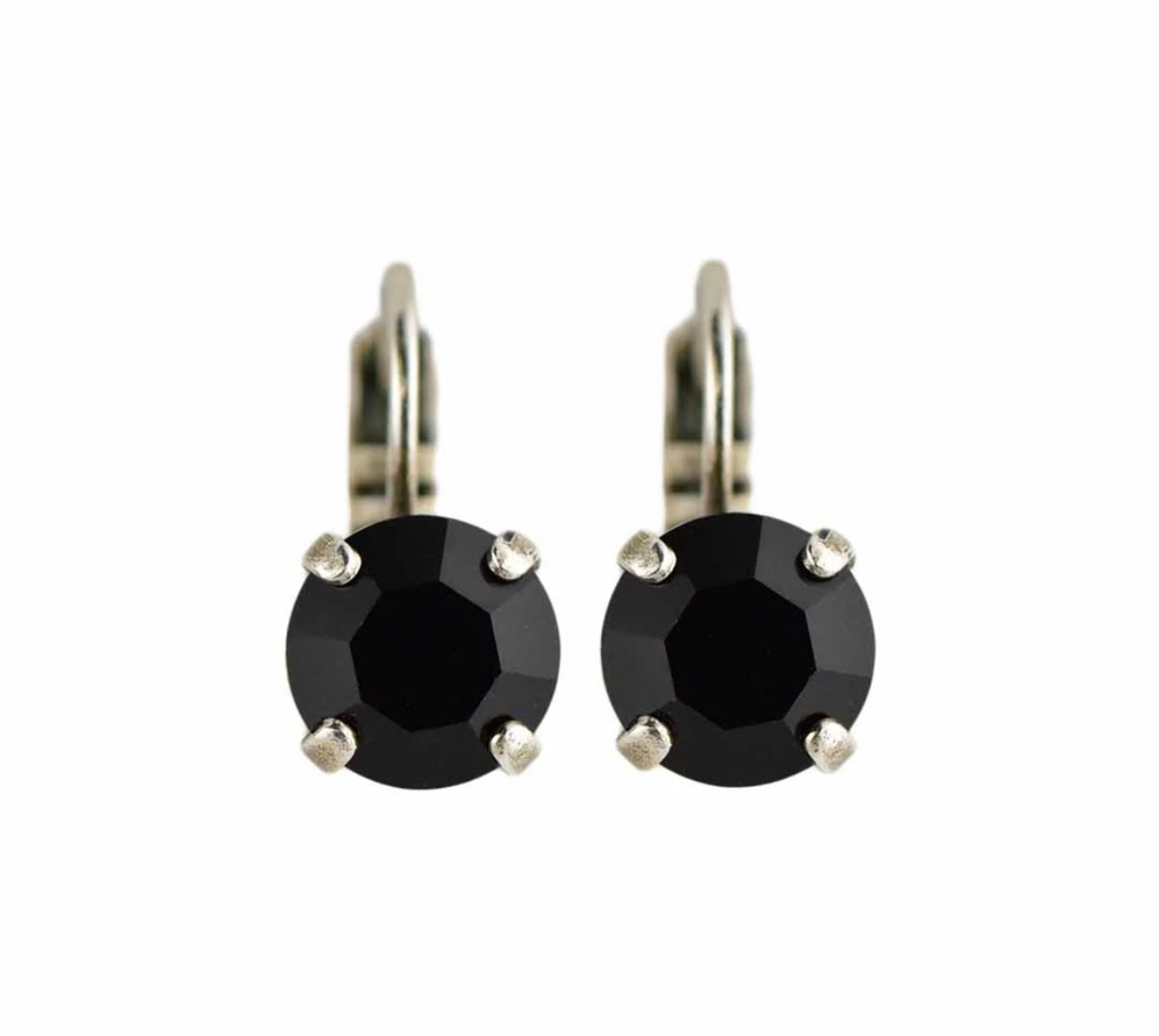 Mariana Antiqued Silver Single Stone Leverback Crystal Earrings in "Jet Black”