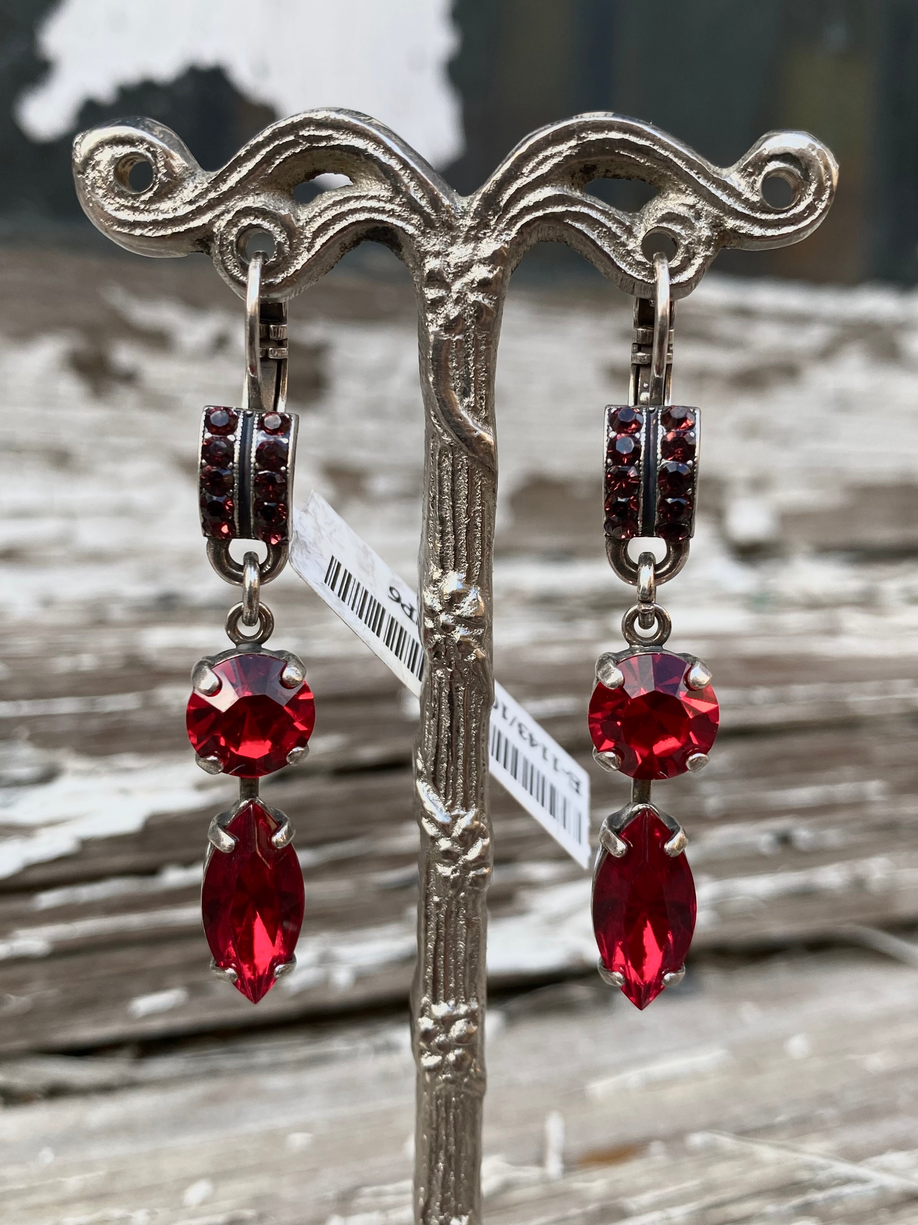Mariana Antiqued Silver Plated Dangling Marquis Leverback Crystal Earrings in "Lady In Red”