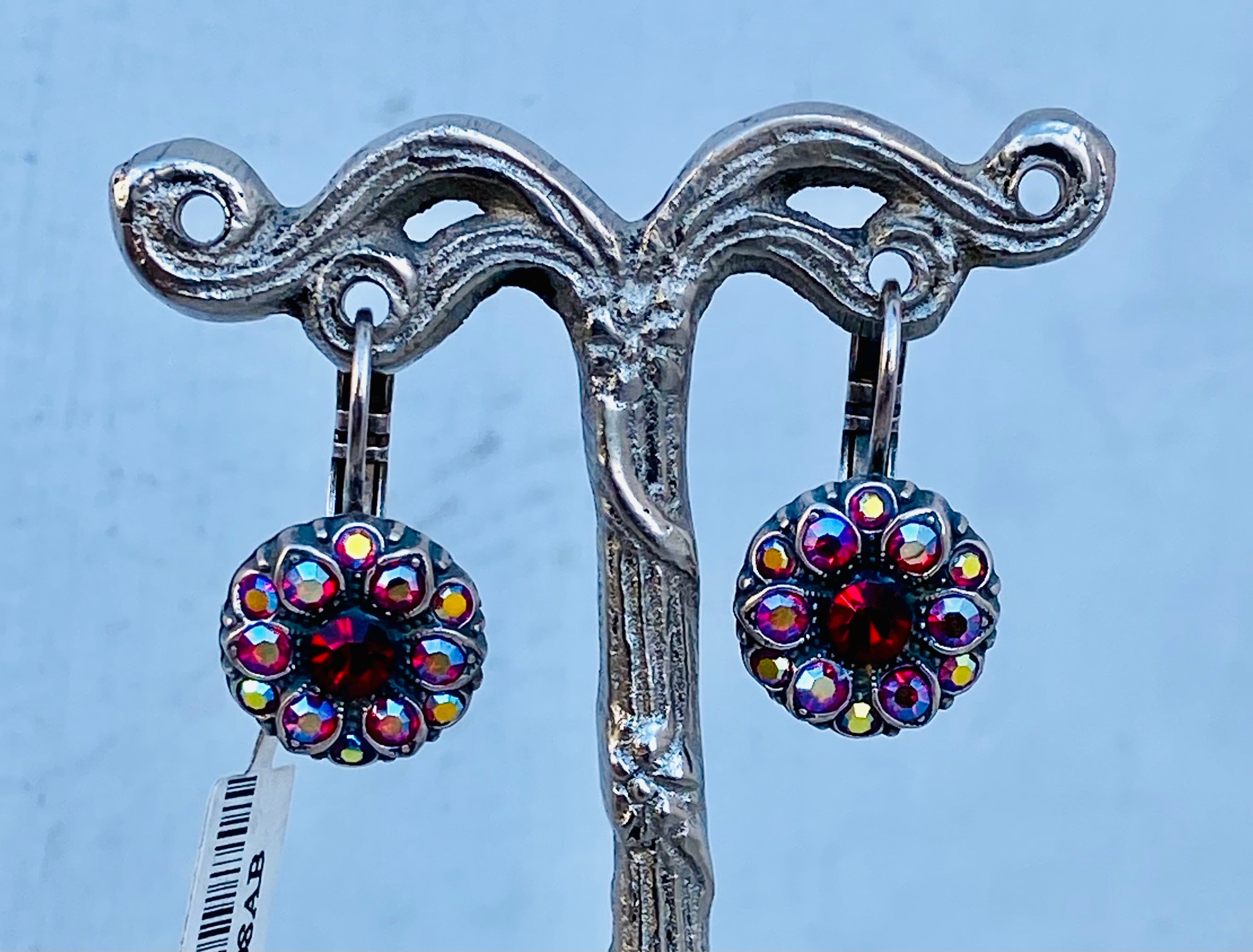 Mariana Antiqued Silver Round Flower Leverback Crystal Earrings in Red “Siam”