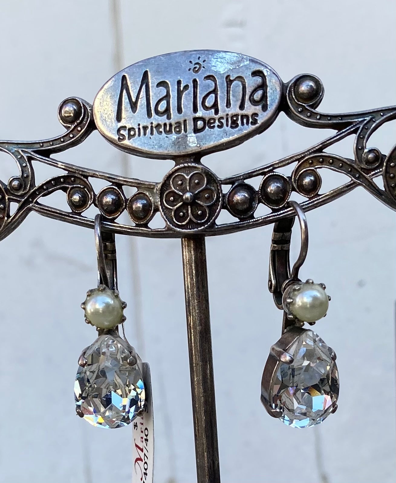 Mariana Antiqued Silver Plated Double Stone Pear & Round Leverback Crystal Earrings in Pearl & Clear Crystal