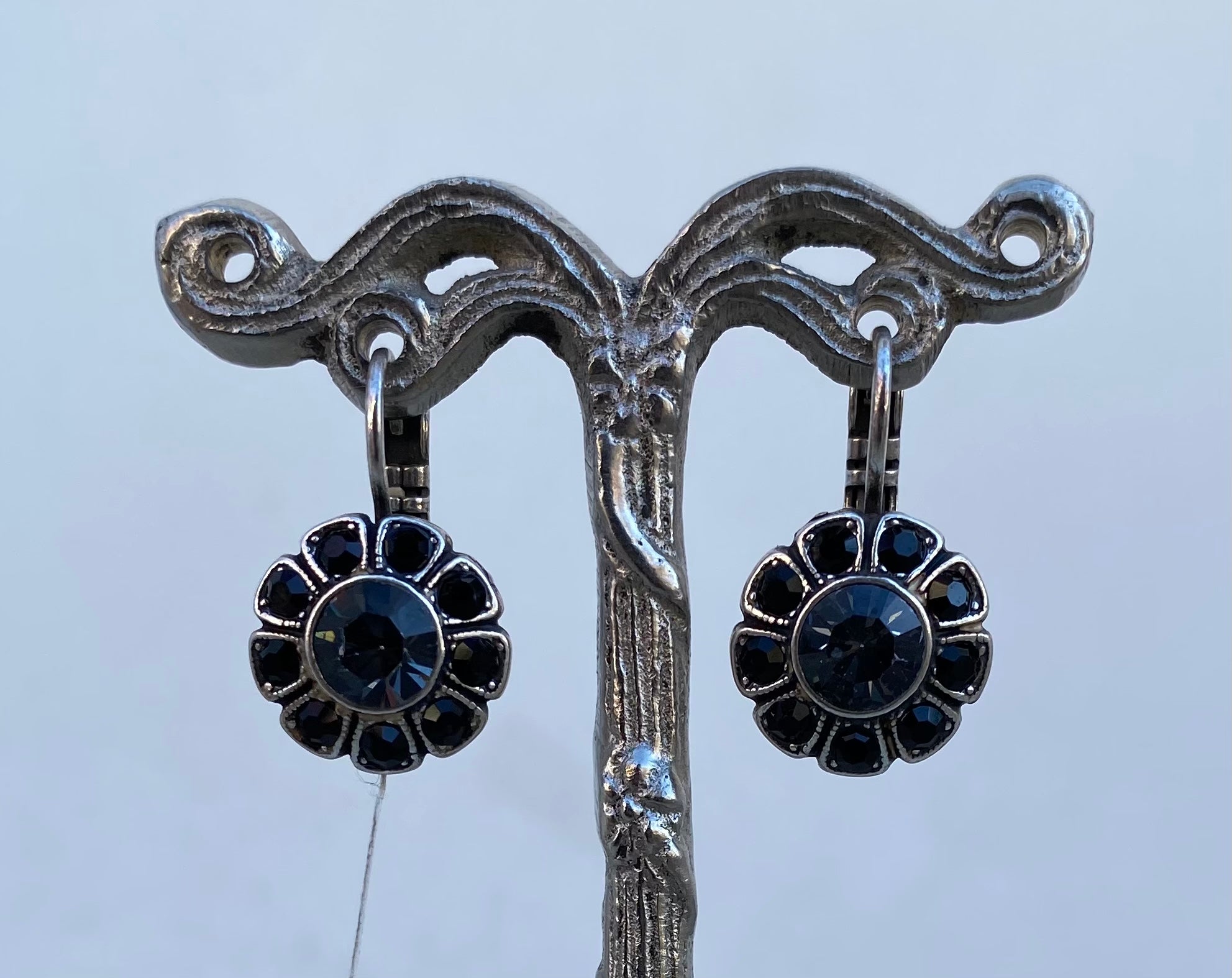 Mariana Antiqued Silver Plated Daisy Crystal Leverback Earrings in “Jet Black”
