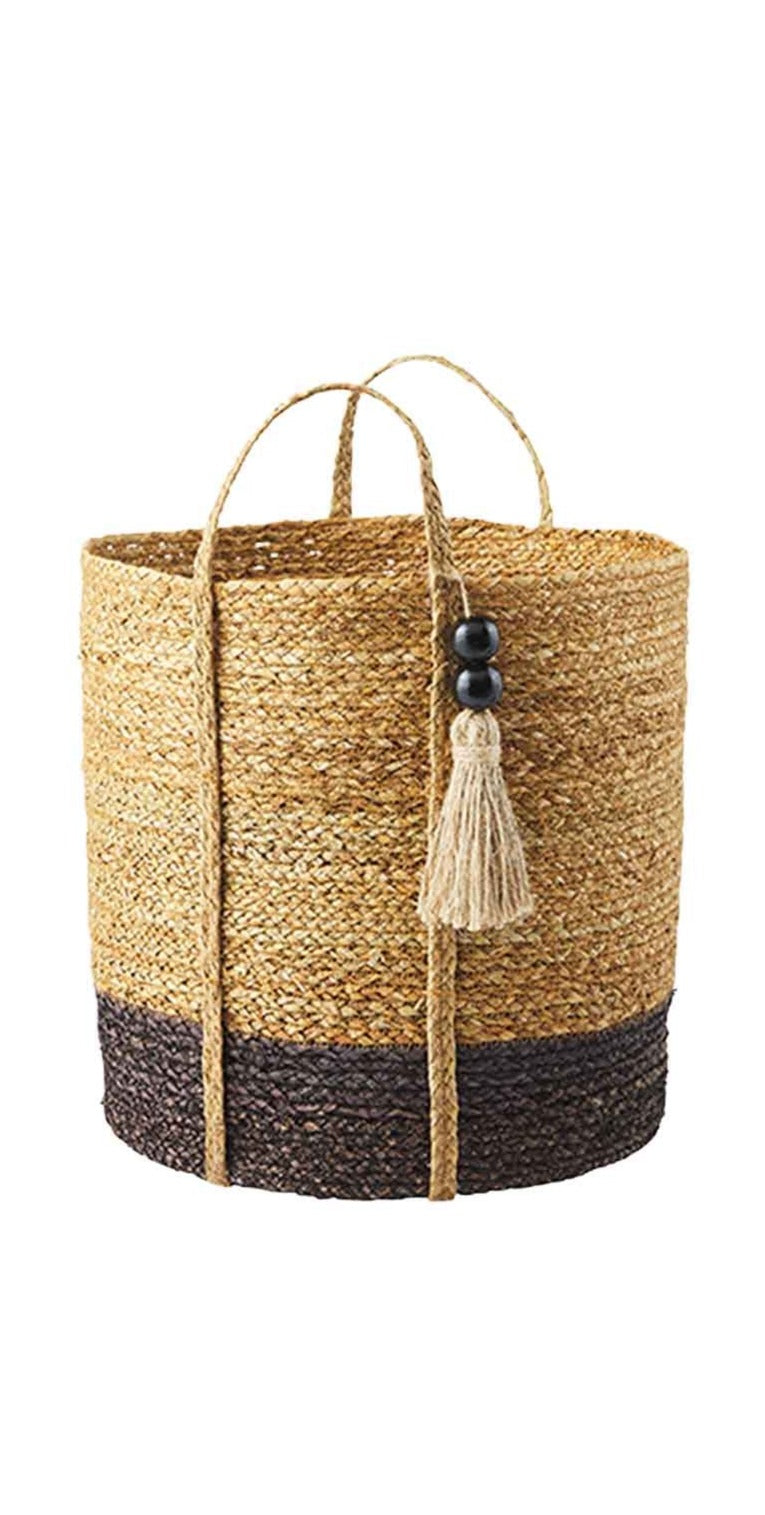 Mudpie Seagrass Black Tone Small Basket with Tassels