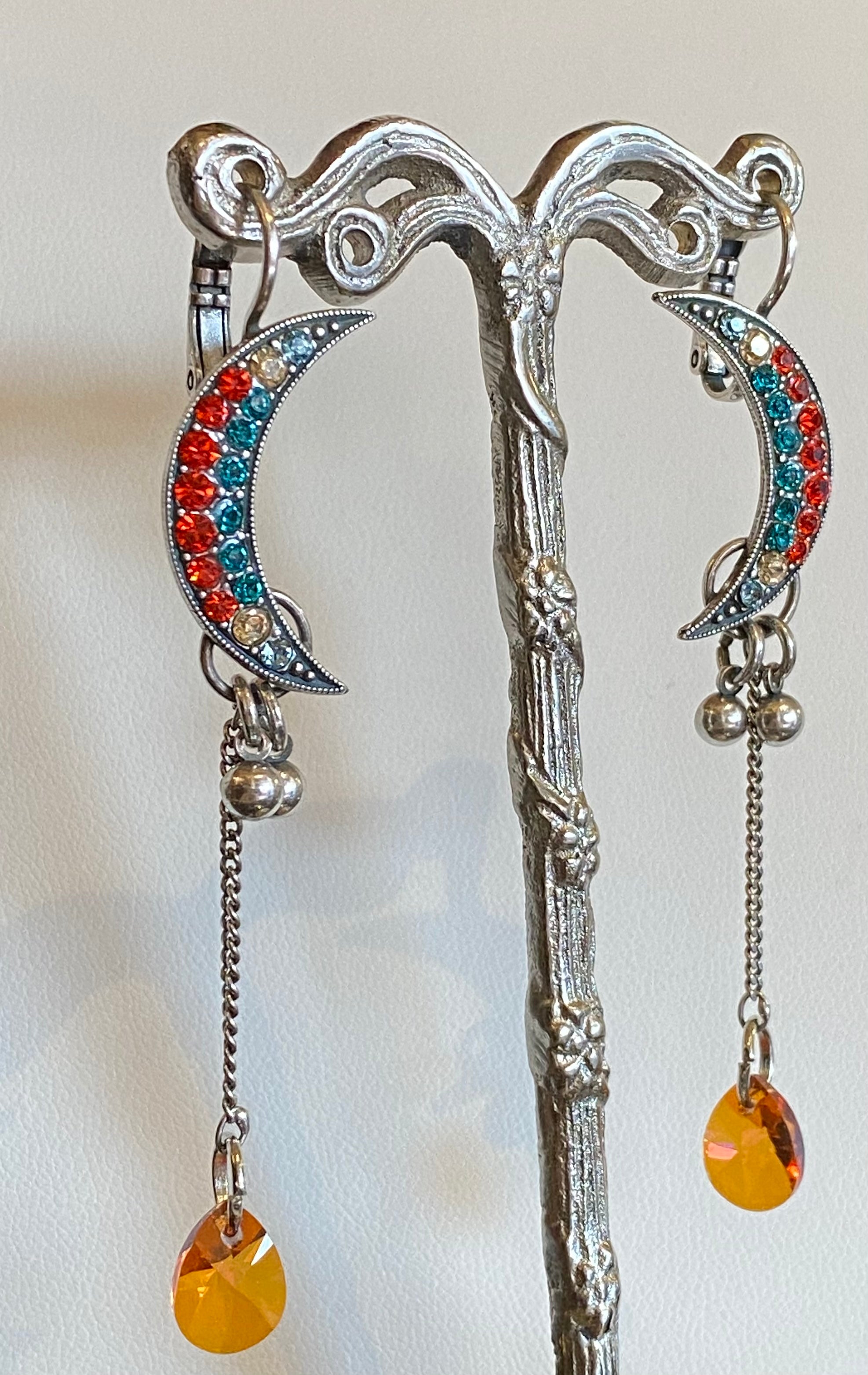 Mariana Antique Silver Plated Dangling Moon Crystal Earrings in “Tinsel”