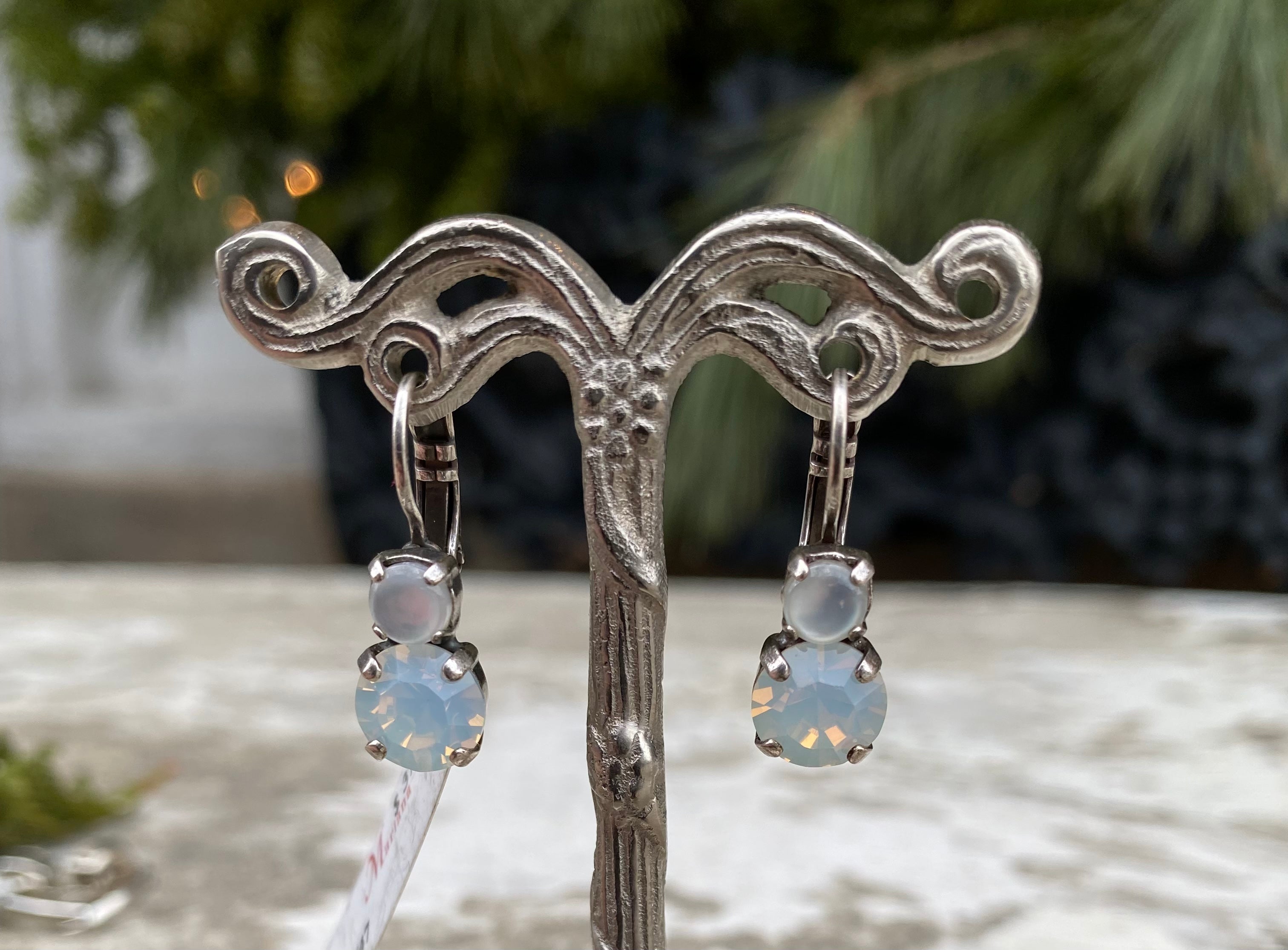 Mariana Antique  Silver Must-Have Double Stone Crystal Leverback Earrings in “White Shell & White Opal”