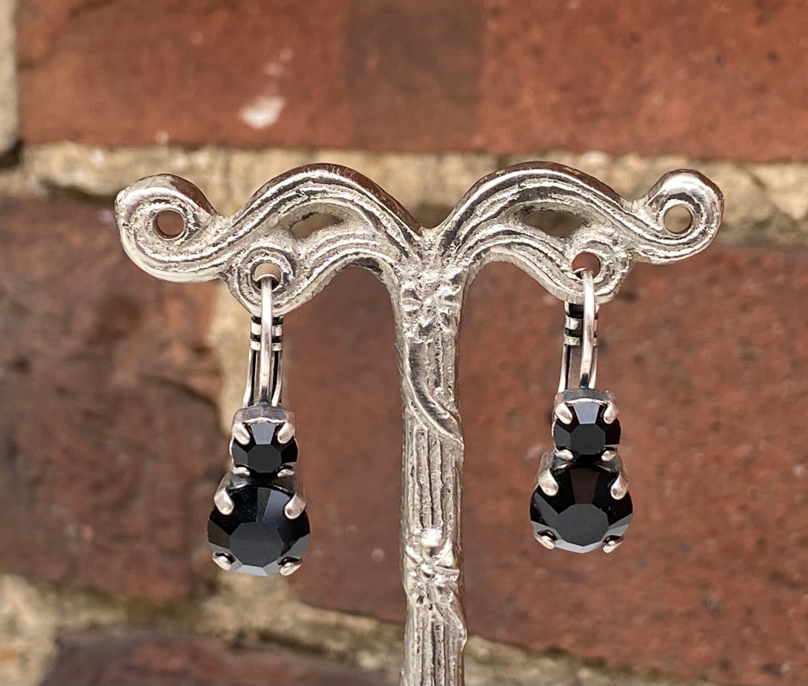 Mariana Antique Silver Must-Have Double Stone Crystal Leverback Earrings in “Jet Black”