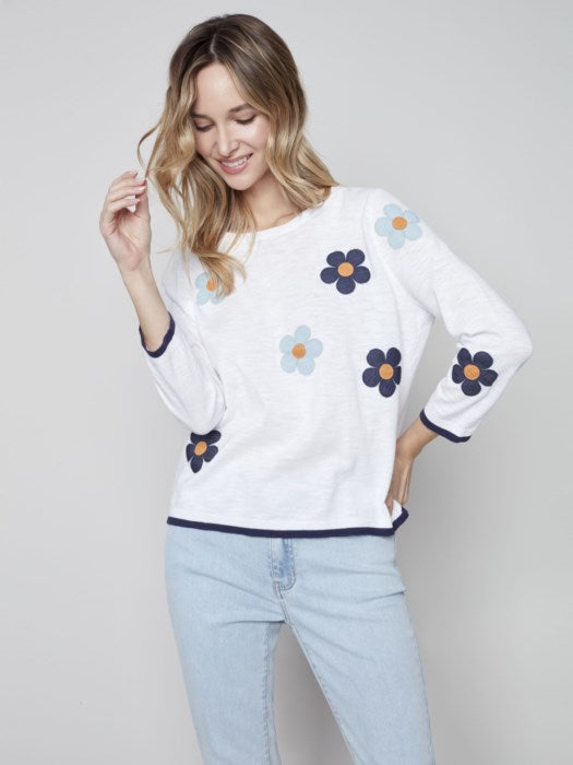 Charlie B Daisies Patch 3/4 Sleeve Sweater