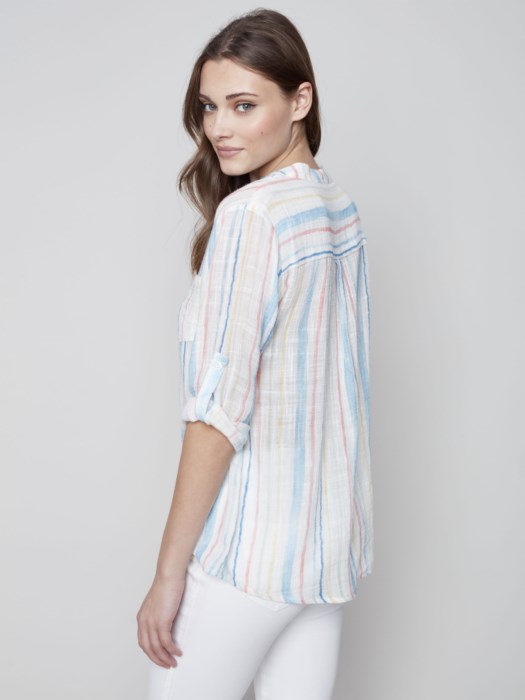 Charlie B Printed Half-Button Cotton Gauze Blouse With Roll-Up Sleeve, Mao Collar, And Pocket