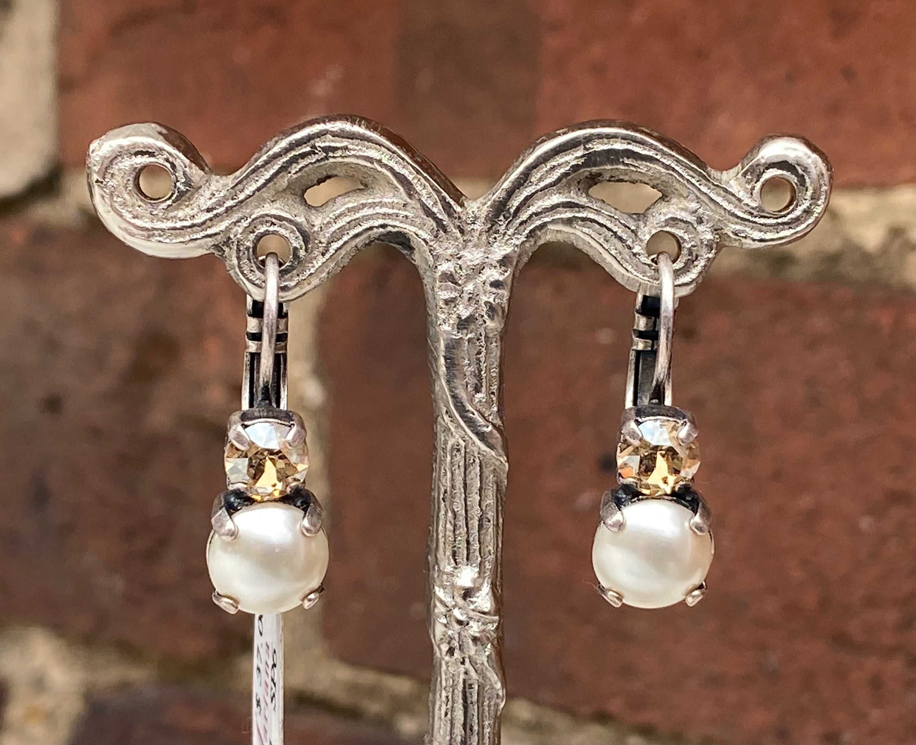 Mariana Antique Silver Must-Have Double Stone Crystal Leverback Earrings in “Vintage Rose & Pearl”