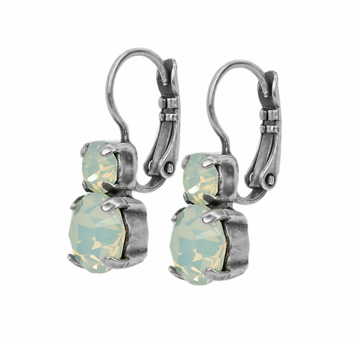 Mariana Antique Silver Must-Have Double Stone Crystal Leverback Earrings in “White Opal”