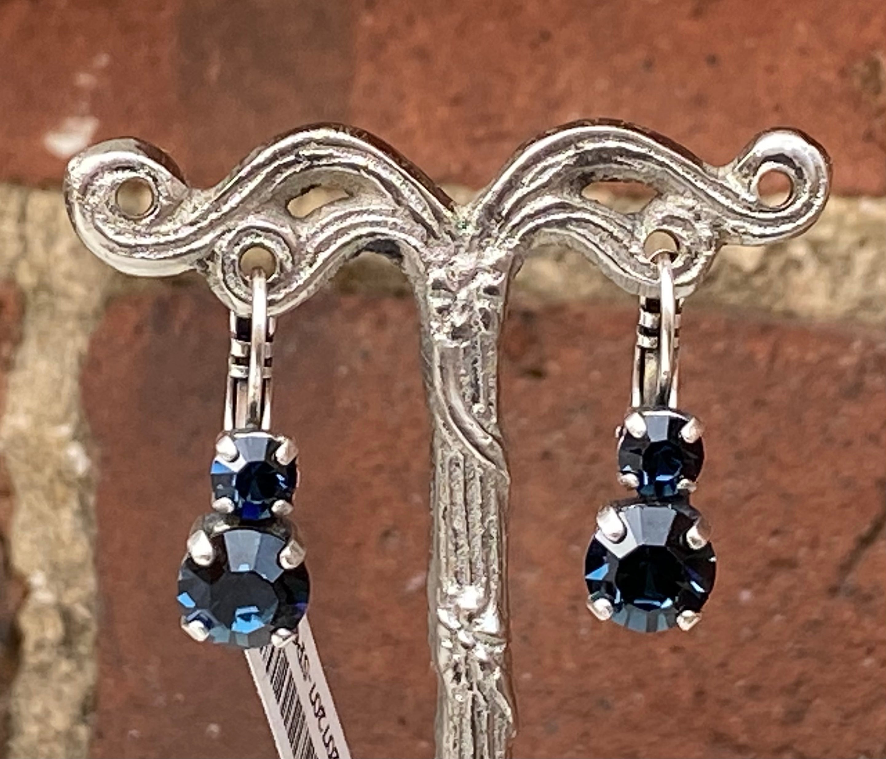 Mariana Antique Silver Must-Have Double Stone Crystal Leverback Earrings in “Montana Blue”