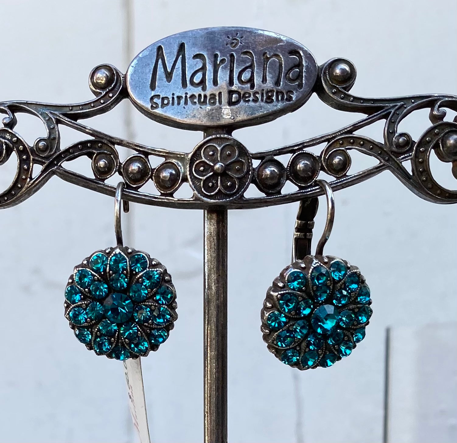 Mariana Antiqued Silver Plated Guardian Angel December Birthstone Leverback Crystal Earrings in “Blue Zircon”