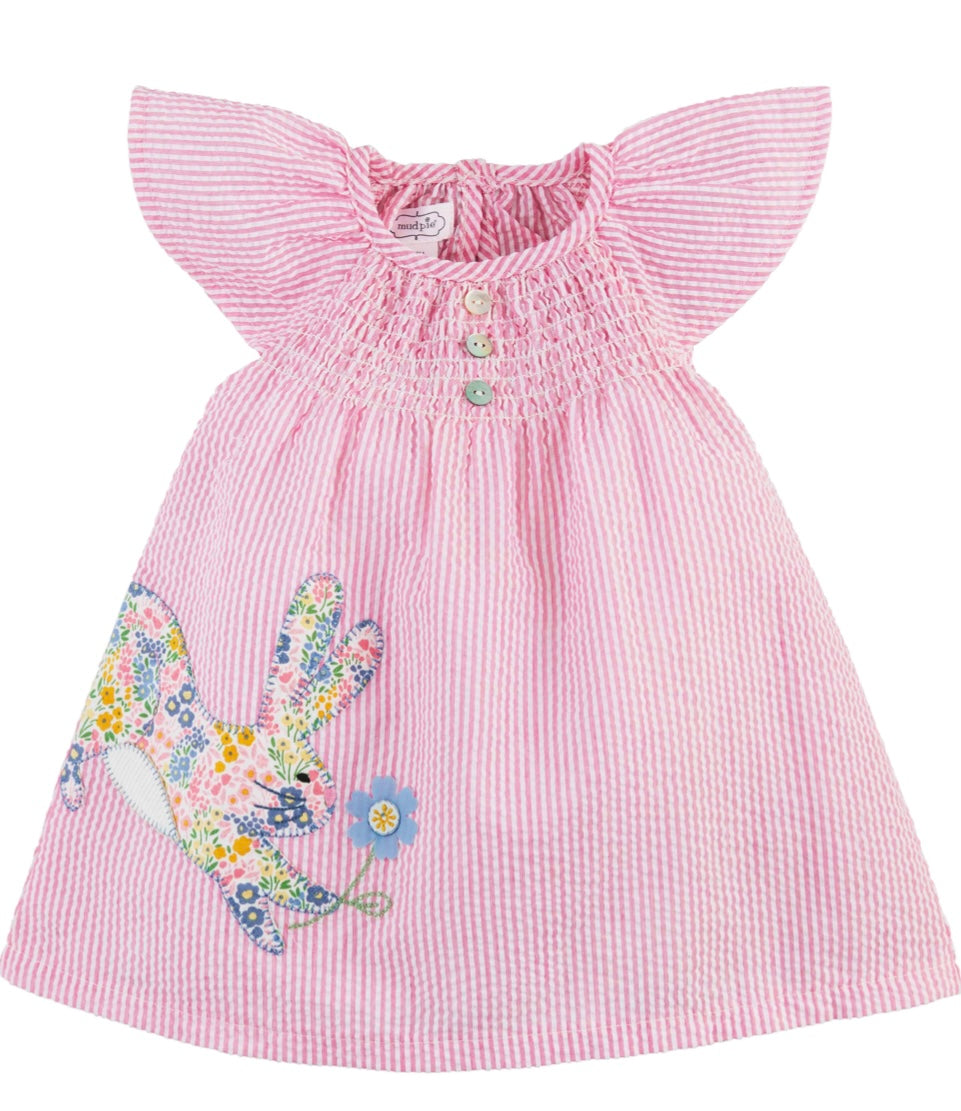 Mudpie Smocked Pink Seersucker Bunny Dress