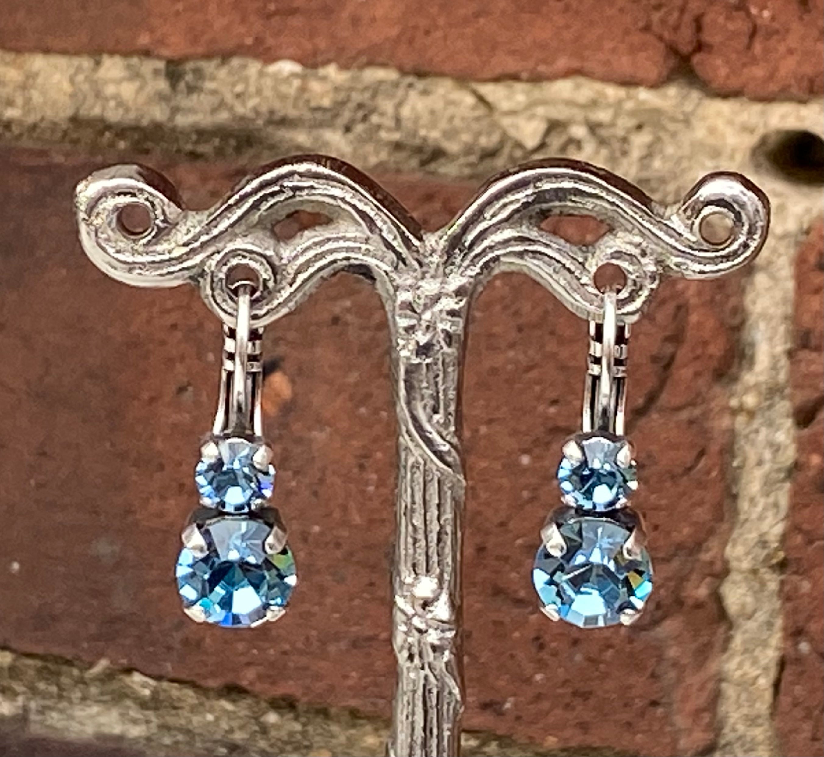 Mariana Antique Silver Must-Have Double Stone Crystal Leverback Earrings in “Light Blue”