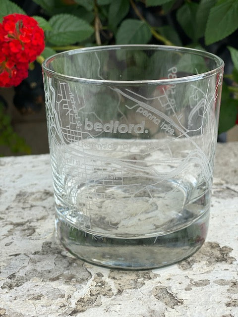 Bedford Hometown Map Etched Rocks Glass