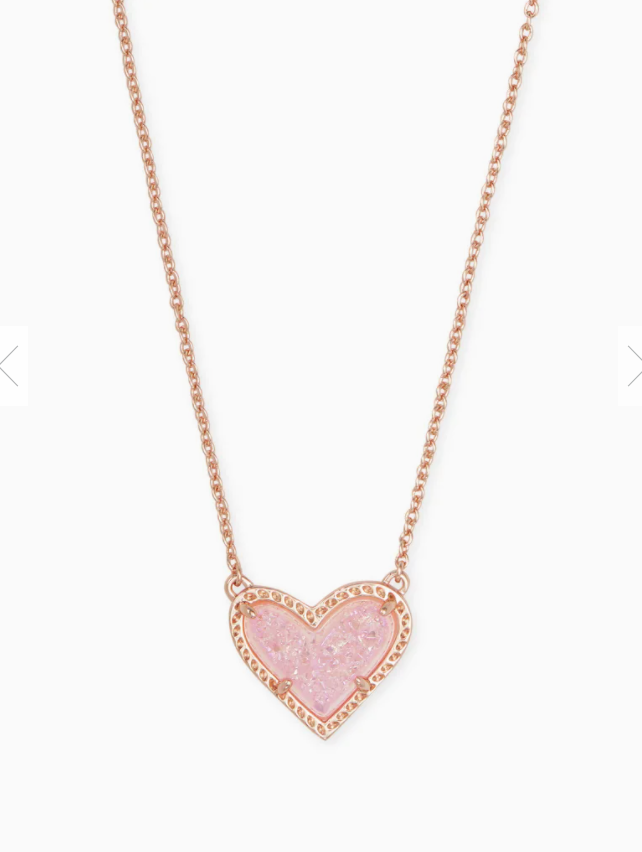 Kendra Scott Ari Heart Rose Gold Pendant Necklace In Light Pink Drusy