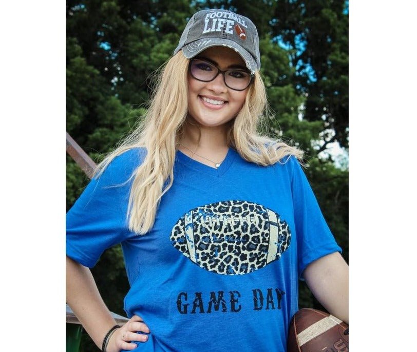 Leopard Football V-Neck T-Shirt in Royal Blue